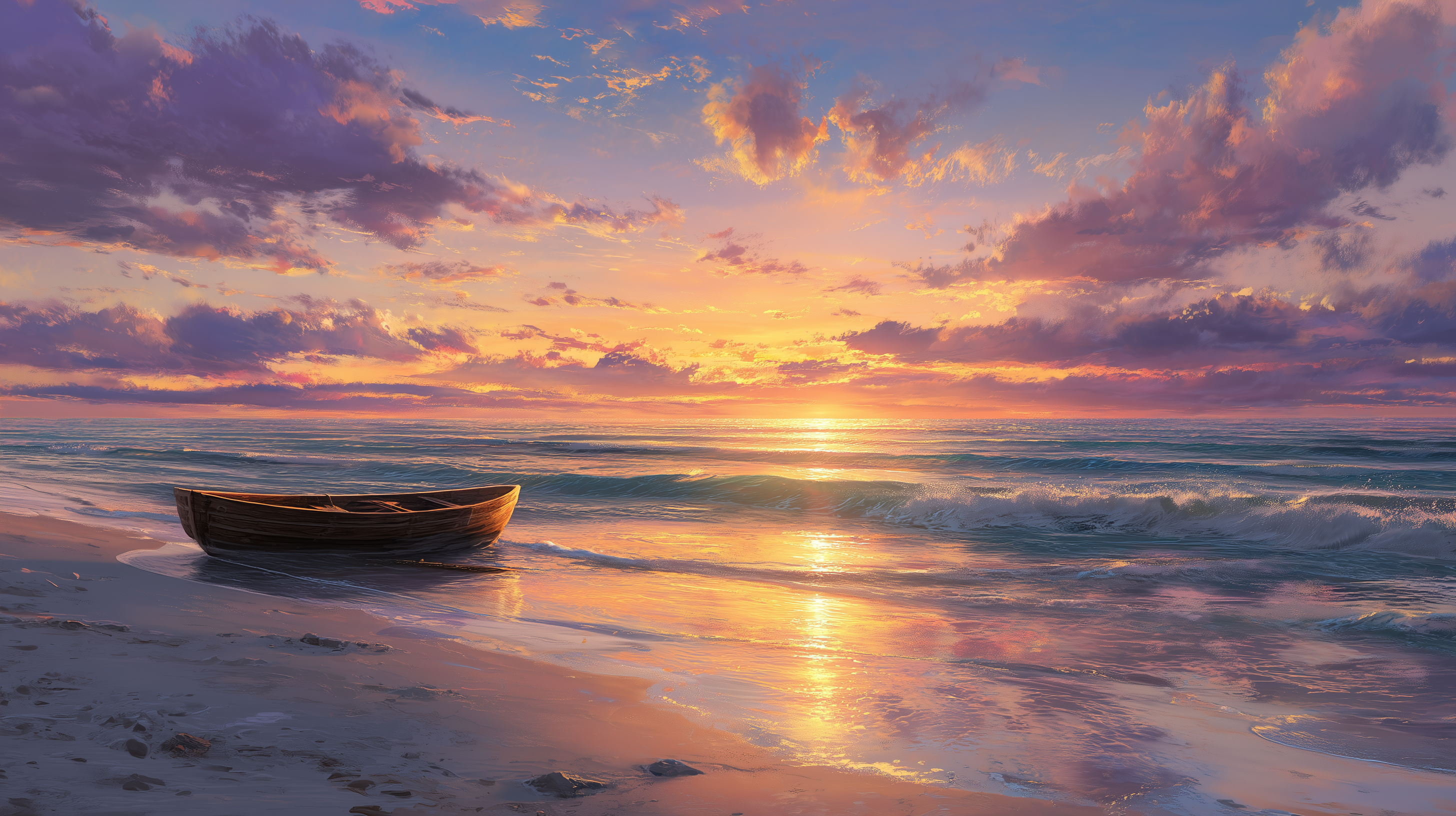 A weathered wooden rowboat rests on a tranquil sandy beach as a breathtaking golden sunset illuminates the sky with vibrant shades of orange, pink, and purple over calm ocean waves.
