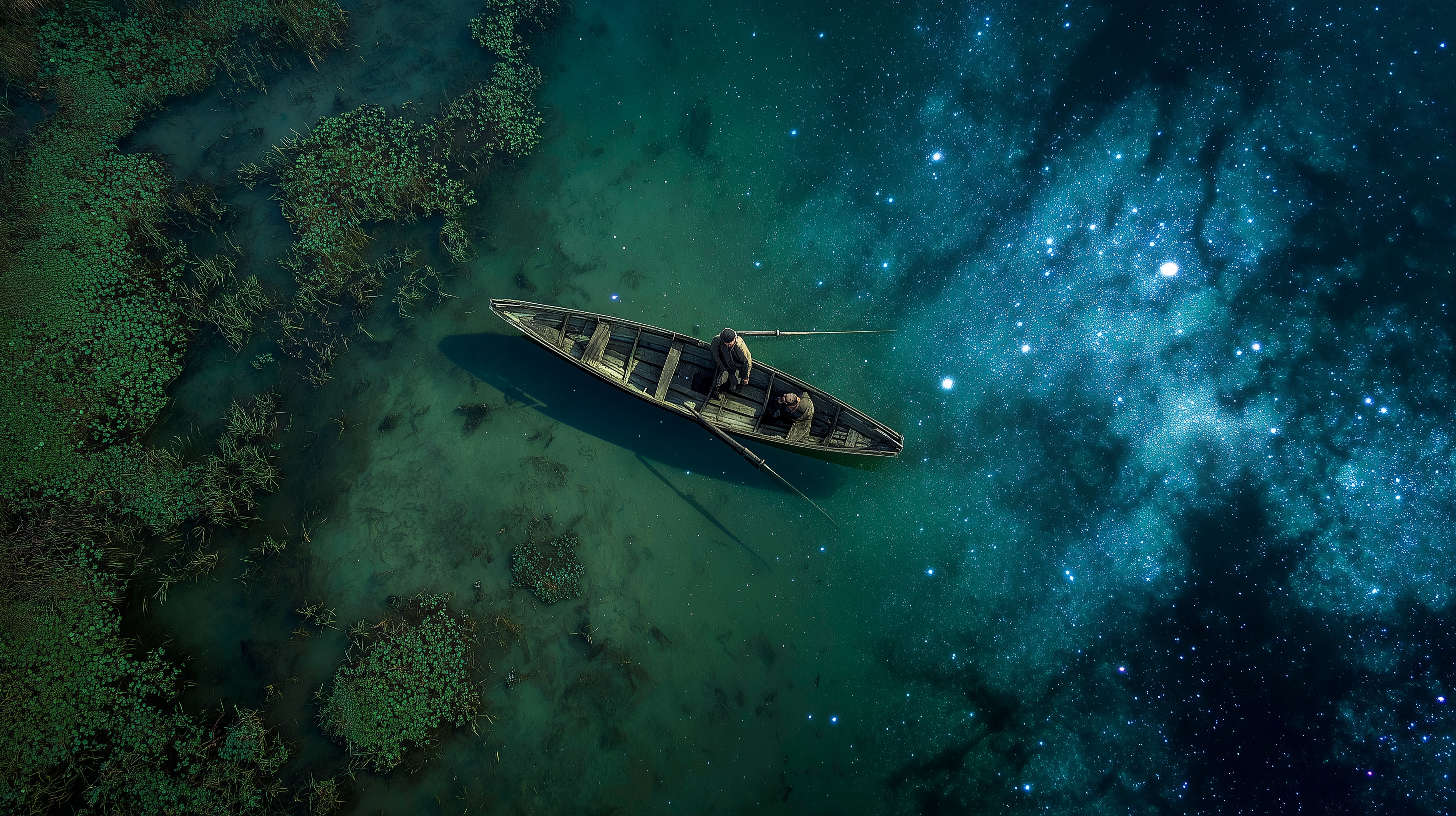 An aerial view of a lone wooden boat navigating the boundary between lush green wetlands and a glowing cosmic nebula reflected on turquoise water.