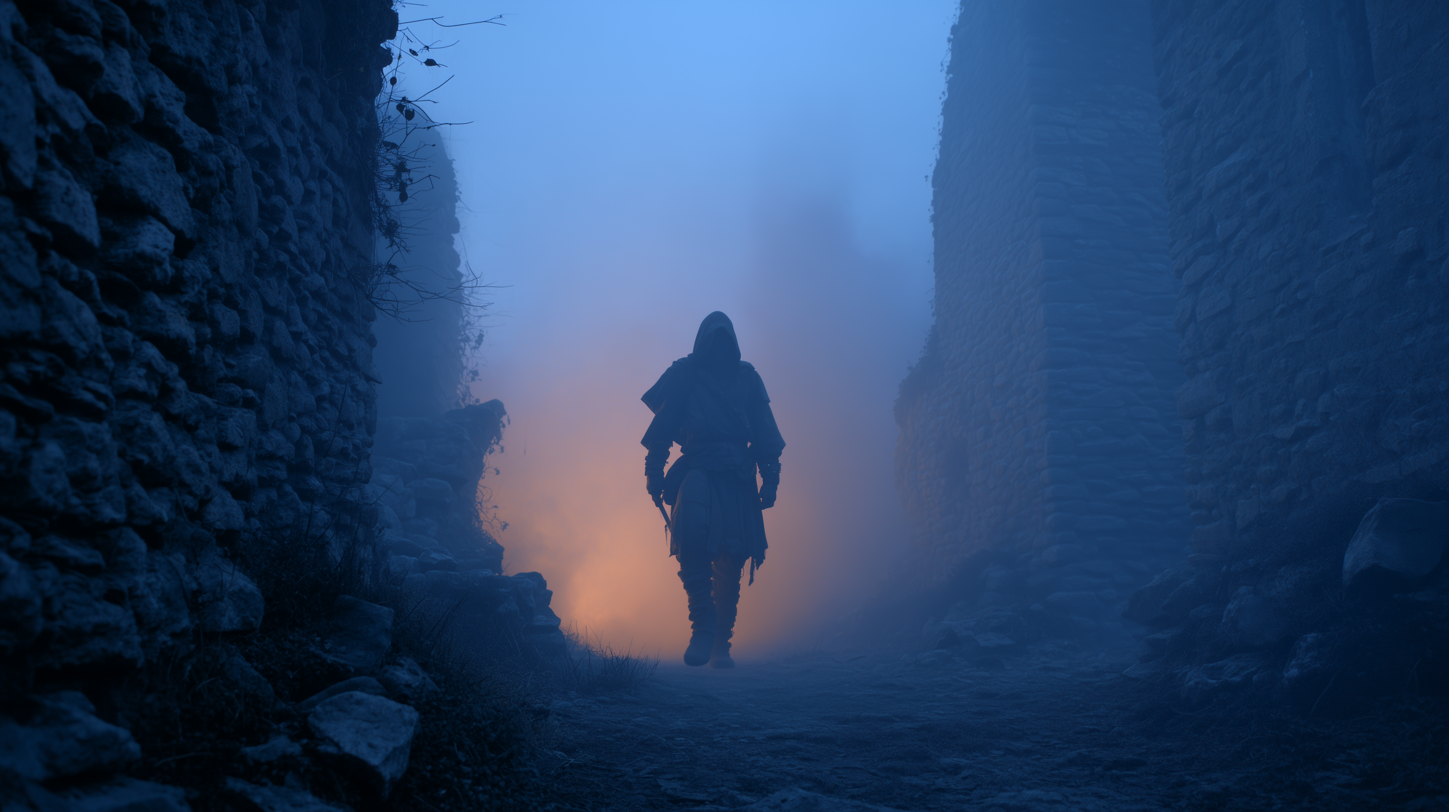 A cloaked figure walks through a fog-filled stone corridor bathed in cool blue twilight and a warm glowing light, evoking a dark fantasy atmosphere.