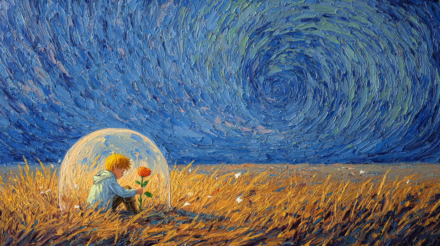 A Van Gogh-inspired oil painting depicts a golden-haired boy sheltering a single red rose beneath a glass dome in a wheat field under a swirling starry sky.