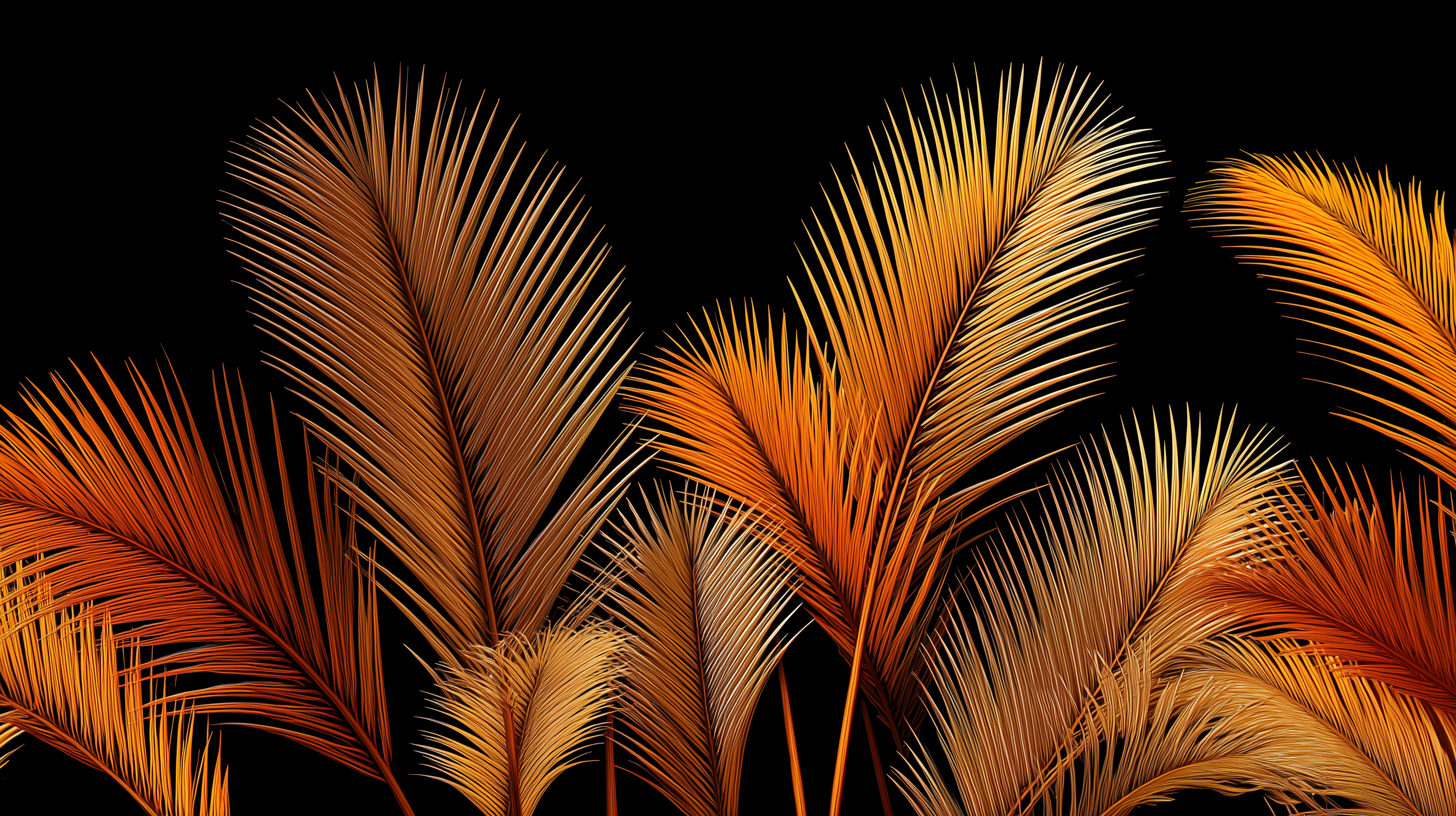 Vibrant golden and orange palm leaves glow against a deep black background, creating a striking tropical wallpaper with rich warm tones.