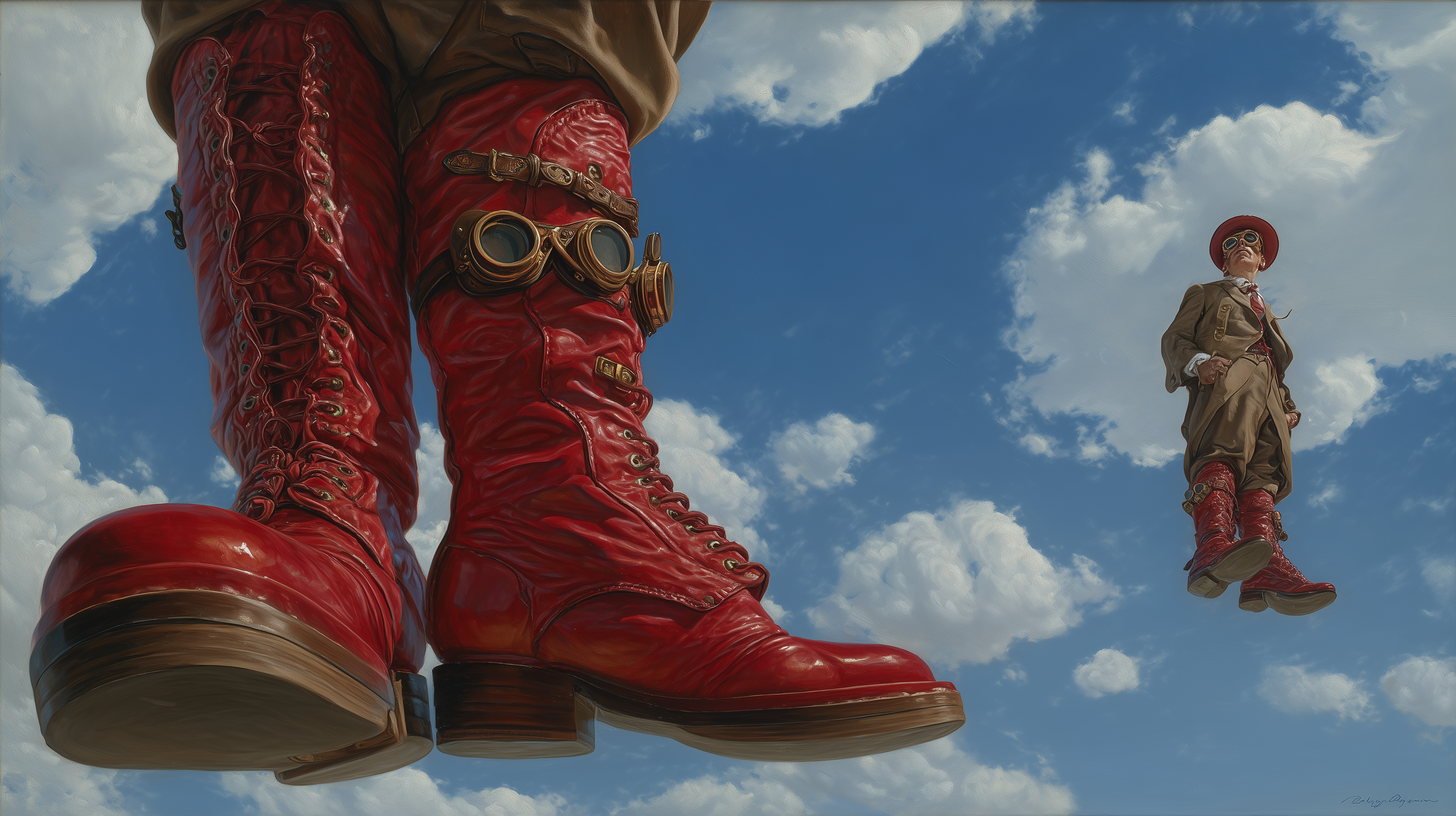 A surrealist oil painting featuring oversized red steampunk lace-up boots with brass goggles floating against a bright blue cloudy sky, with a tiny matching figure drifting in the distance.