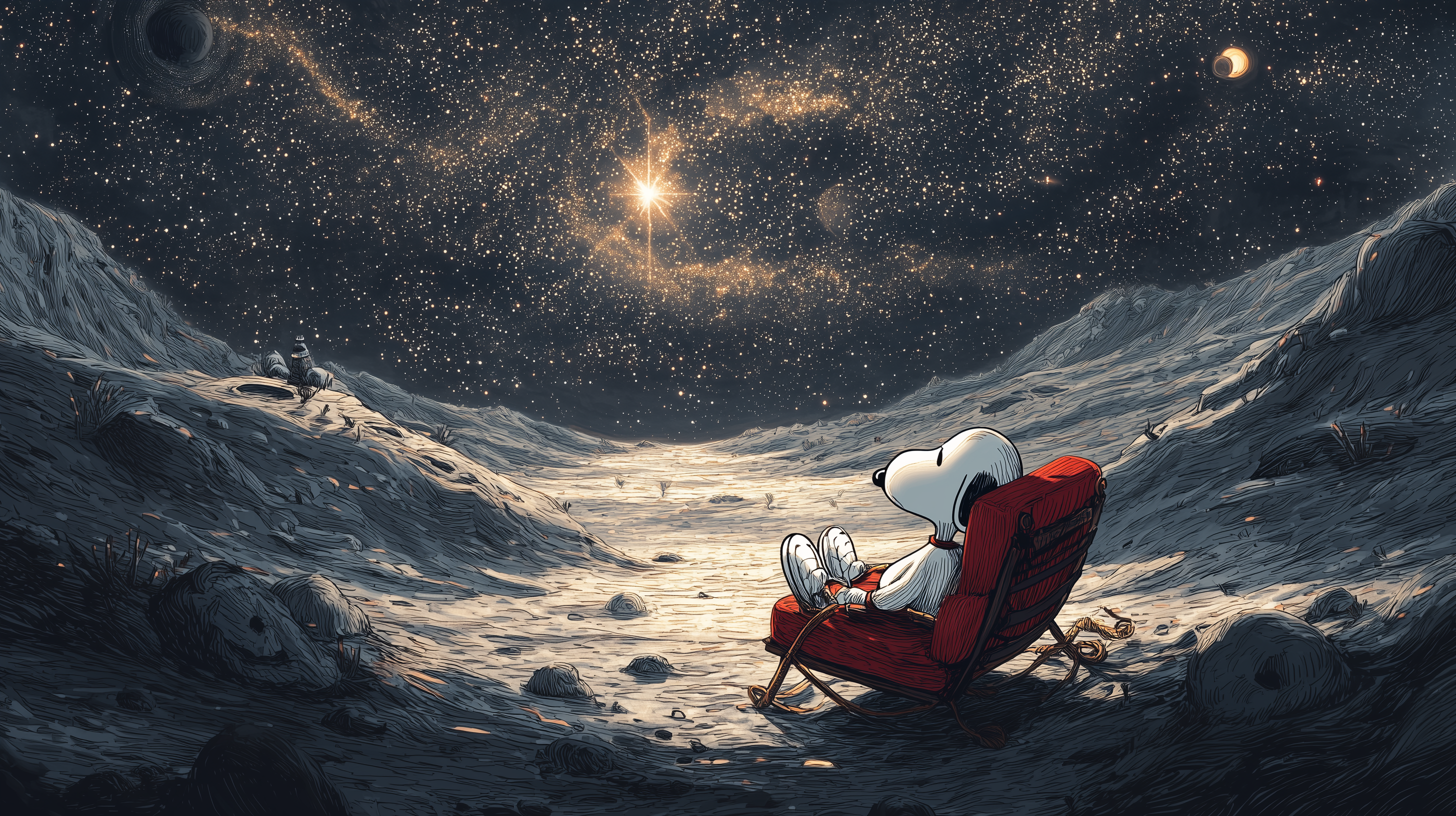 Snoopy relaxes in a red lounge chair on a lunar surface, gazing at a breathtaking starry galaxy sky in this dreamy illustrated wallpaper.