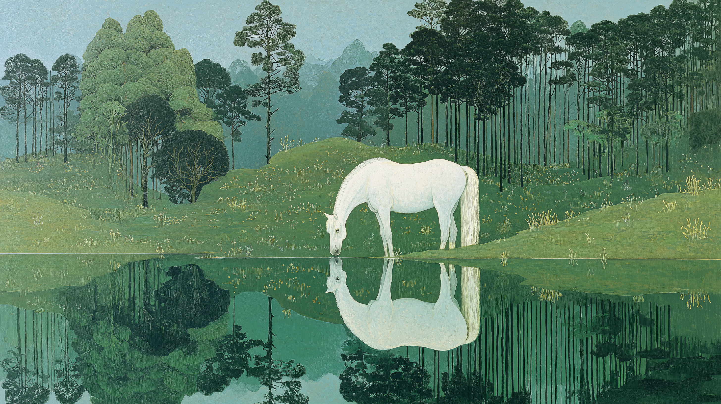 A serene painting of a white horse drinking from a glassy forest lake, its perfect reflection mirrored in the calm green water surrounded by lush trees.