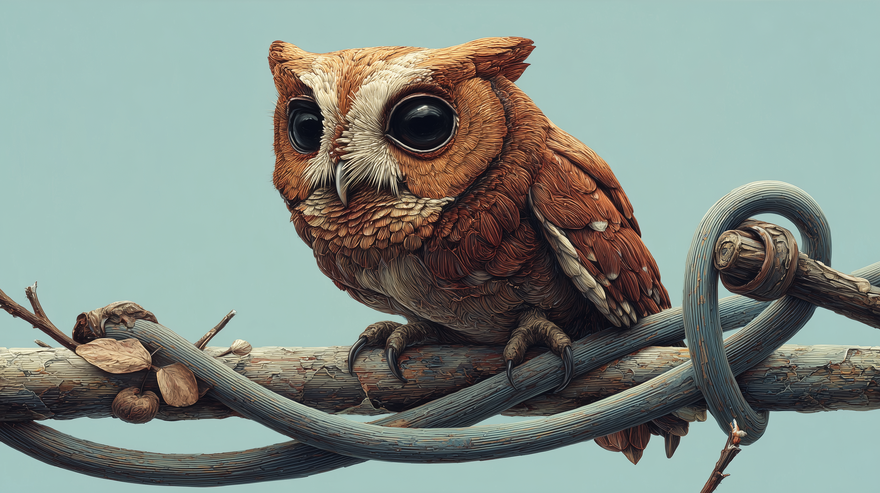 A highly detailed illustrated screech owl with large dark eyes perches on a gnarled twisted branch against a soft blue-gray background, perfect as a nature-themed desktop wallpaper.