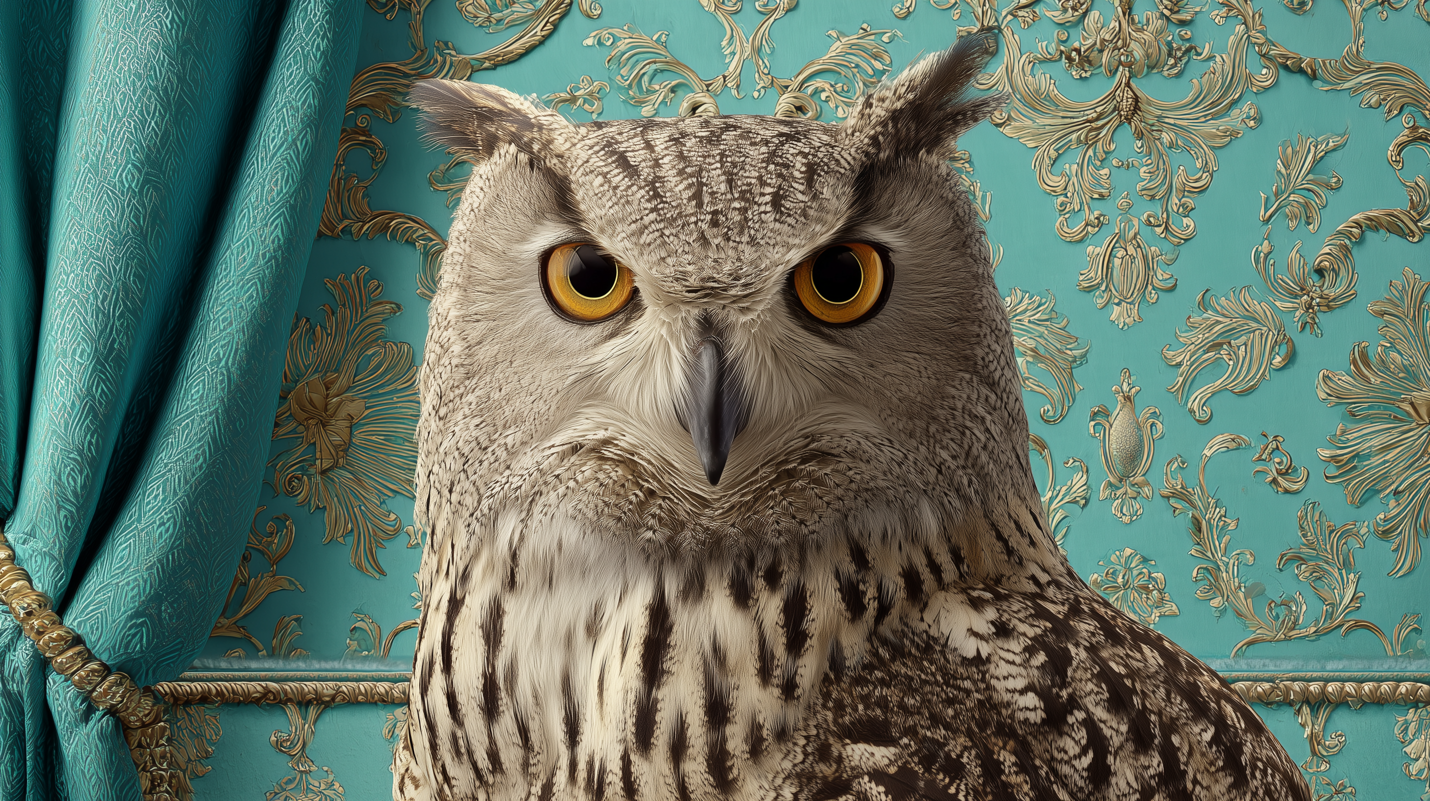 A majestic great horned owl with striking golden eyes poses against an ornate teal damask wallpaper with elegant gold curtains, creating a sophisticated and dramatic portrait.