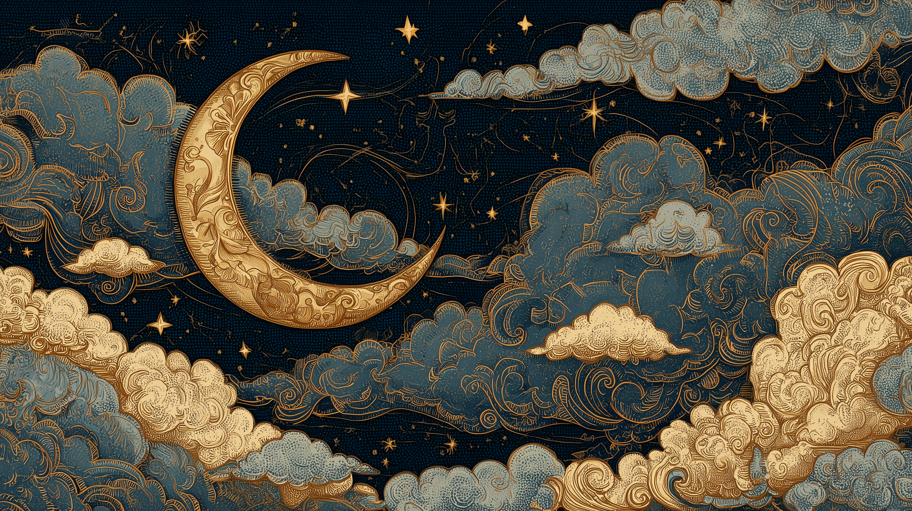 A richly detailed fantasy night sky features an ornately decorated golden crescent moon surrounded by swirling blue and gold clouds adorned with intricate filigree patterns and glowing stars.