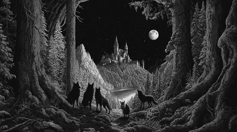 Wolves at the Edge of the Enchanted Forest wallpaper