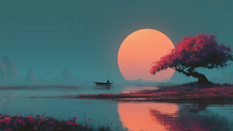 Crimson Blossom at Sunset Lake wallpaper