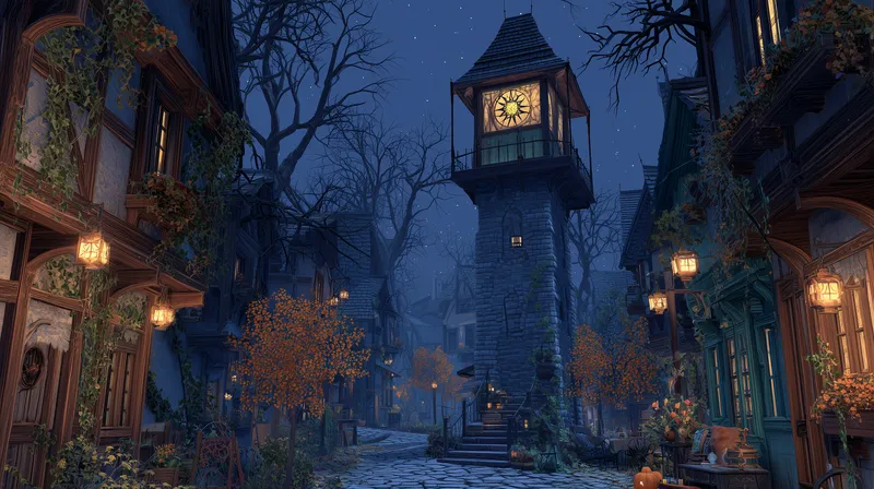 Autumn Clock Tower Village at Twilight wallpaper
